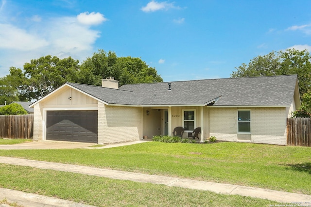 6203 Callen Gln, San Antonio, TX 78233 - ranch-style house with brick siding, an attached garage, a chimney, and a shingled roof