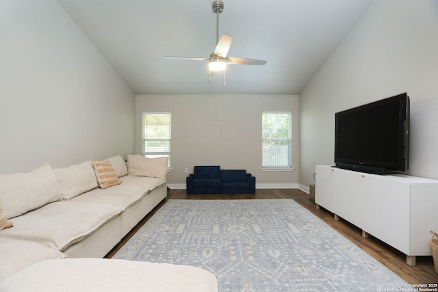 6203 Callen Gln, San Antonio, TX 78233 - living area featuring lofted ceiling, a ceiling fan, wood finished floors, and baseboards