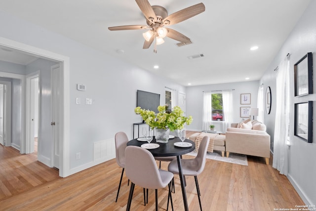 131 New Hvn, San Antonio, TX 78209 - dining area featuring light wood-style floors, baseboards, ceiling fan, and recessed lighting