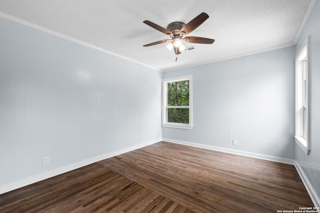 131 New Hvn, San Antonio, TX 78209 - spare room with a textured ceiling, dark wood-style floors, ceiling fan, crown molding, and baseboards