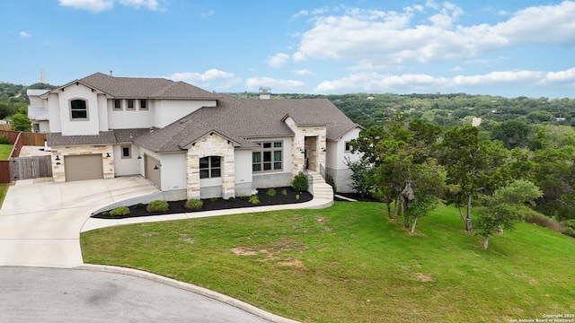 1512 Aubrey Pt, San Antonio, TX 78260 - view of front of home featuring stone siding, concrete driveway, a chimney, a garage, and stucco siding