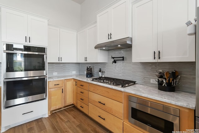 1512 Aubrey Pt, San Antonio, TX 78260 - kitchen featuring stainless steel appliances, under cabinet range hood, dark wood-style flooring, decorative backsplash, and white cabinets