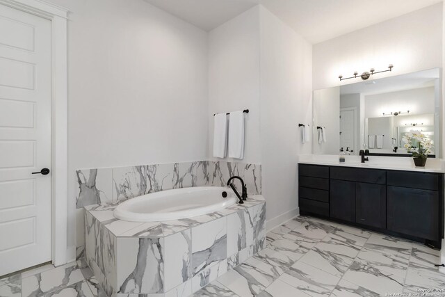 1512 Aubrey Pt, San Antonio, TX 78260 - bathroom with marble look tile flooring, vanity, a bath, and baseboards