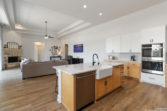 1512 Aubrey Pt, San Antonio, TX 78260 - kitchen featuring appliances with stainless steel finishes, a sink, a tray ceiling, wood finished floors, and recessed lighting