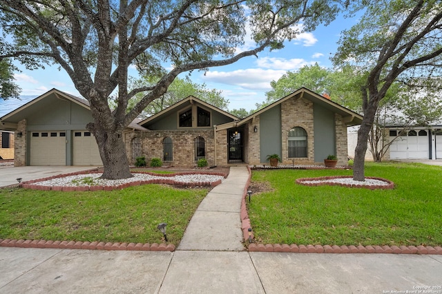 9219 George Kyle St, San Antonio, TX 78240 - mid-century inspired home with brick siding, a front yard, concrete driveway, and an attached garage