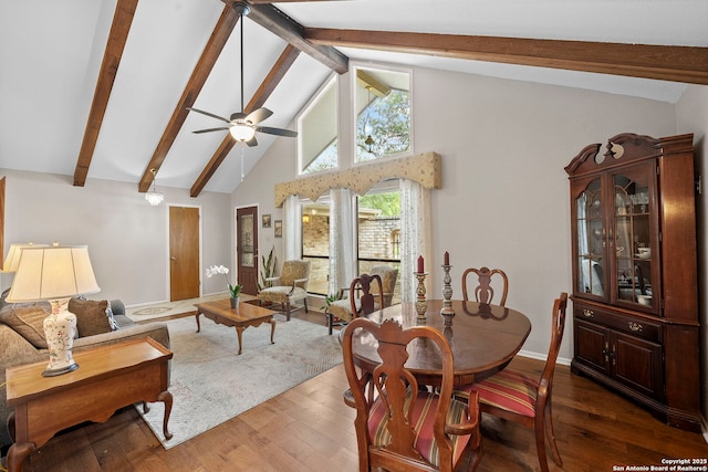 9219 George Kyle St, San Antonio, TX 78240 - dining room featuring beamed ceiling, wood-type flooring, ceiling fan, high vaulted ceiling, and baseboards