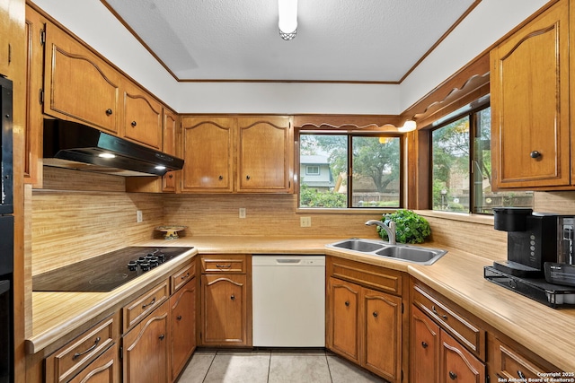 9219 George Kyle St, San Antonio, TX 78240 - kitchen featuring dishwasher, under cabinet range hood, a sink, black electric cooktop, and brown cabinets