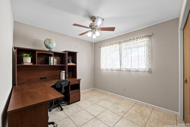 9219 George Kyle St, San Antonio, TX 78240 - home office with a ceiling fan, baseboards, and light tile patterned floors