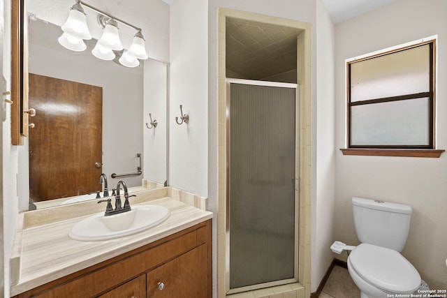 9219 George Kyle St, San Antonio, TX 78240 - bathroom featuring vanity, a stall shower, toilet, and tile patterned flooring