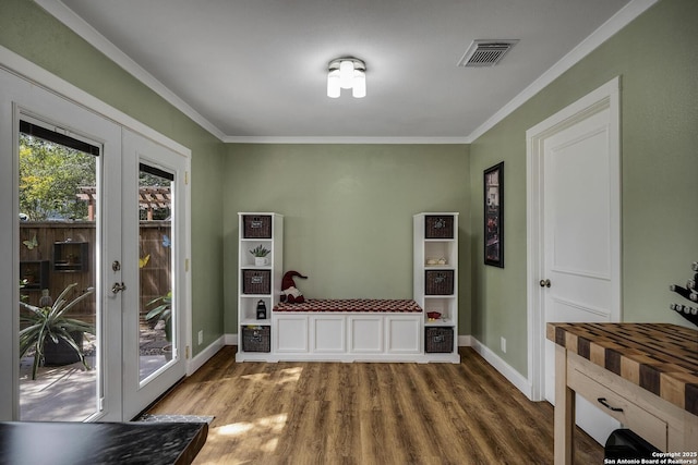 7710 Allison Blf, San Antonio, TX 78240 - doorway featuring wood finished floors, french doors, baseboards, and crown molding