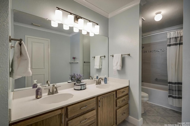 7710 Allison Blf, San Antonio, TX 78240 - full bath featuring crown molding, double vanity, toilet, shower / bathtub combination with curtain, and tile patterned flooring