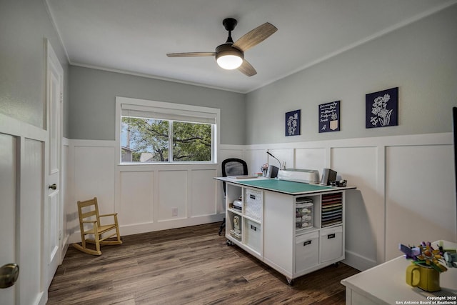 7710 Allison Blf, San Antonio, TX 78240 - playroom with a wainscoted wall, a ceiling fan, dark wood-style floors, a decorative wall, and ornamental molding