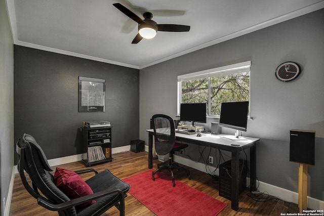 7710 Allison Blf, San Antonio, TX 78240 - office area featuring crown molding, a ceiling fan, wood finished floors, and baseboards