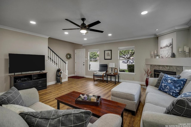 7710 Allison Blf, San Antonio, TX 78240 - living room with stairway, ornamental molding, ceiling fan, recessed lighting, and wood finished floors