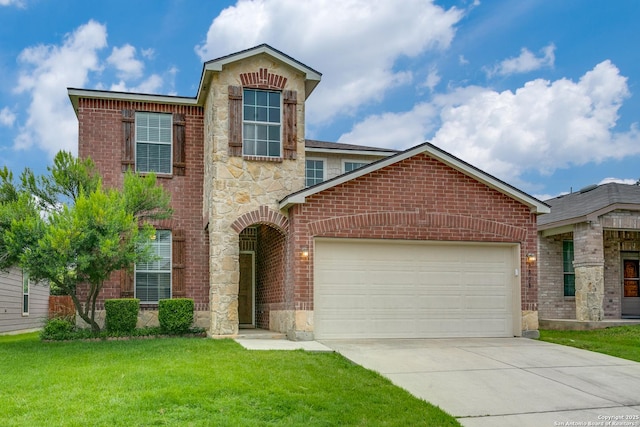 3858 Bent Grass, San Antonio, TX 78261 - view of front of home with driveway, an attached garage, a front yard, and brick siding