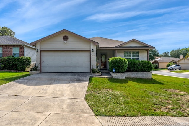 1035 Magnolia Hl, San Antonio, TX 78251 - ranch-style house featuring a garage, a front lawn, driveway, and brick siding