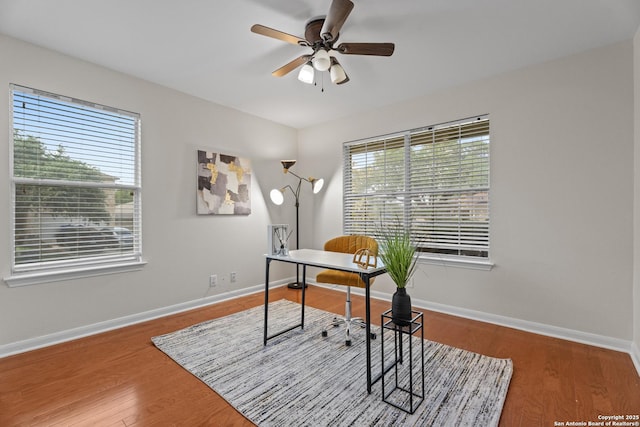 1035 Magnolia Hl, San Antonio, TX 78251 - office featuring a ceiling fan, baseboards, and wood finished floors