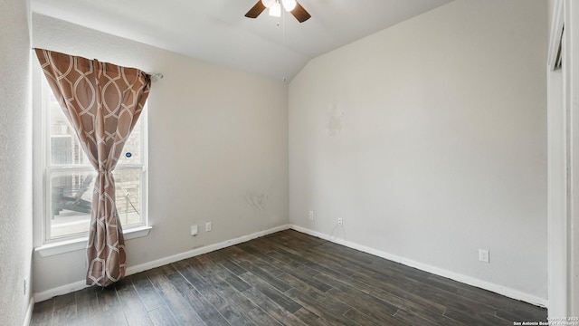 3542 Hurricane, New Braunfels, TX 78130 - empty room with a ceiling fan, dark wood-type flooring, baseboards, and vaulted ceiling