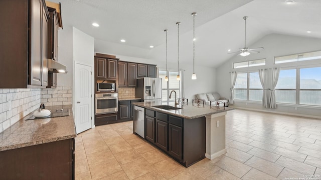 3542 Hurricane, New Braunfels, TX 78130 - kitchen featuring stainless steel appliances, ceiling fan, a sink, dark brown cabinetry, and lofted ceiling