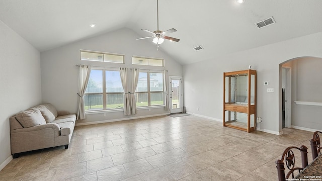 3542 Hurricane, New Braunfels, TX 78130 - sitting room with arched walkways, a ceiling fan, high vaulted ceiling, baseboards, and recessed lighting