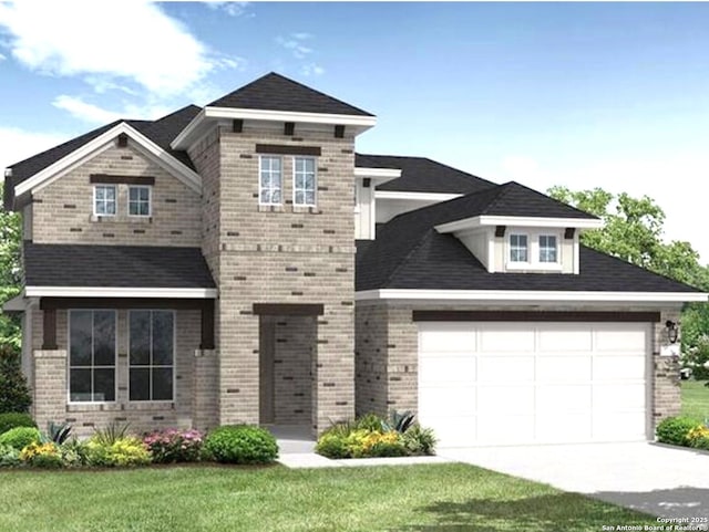 2515 Sueno Pt, San Antonio, TX 78245 - view of front of house with an attached garage, driveway, brick siding, and a front yard