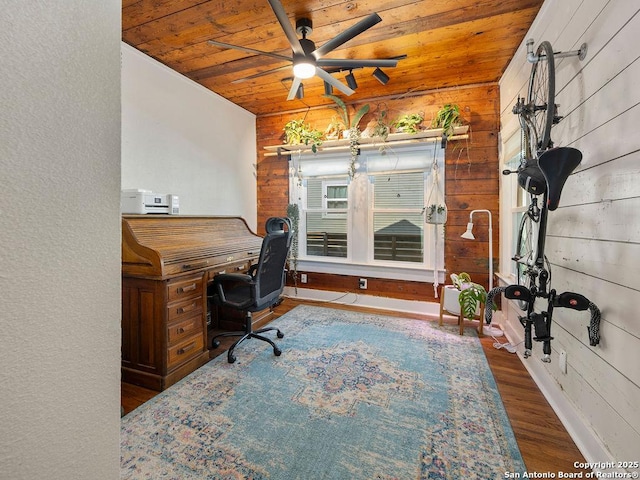 211 W High Ave, San Antonio, TX 78210 - office area featuring wood ceiling, wood walls, ceiling fan, wood finished floors, and baseboards