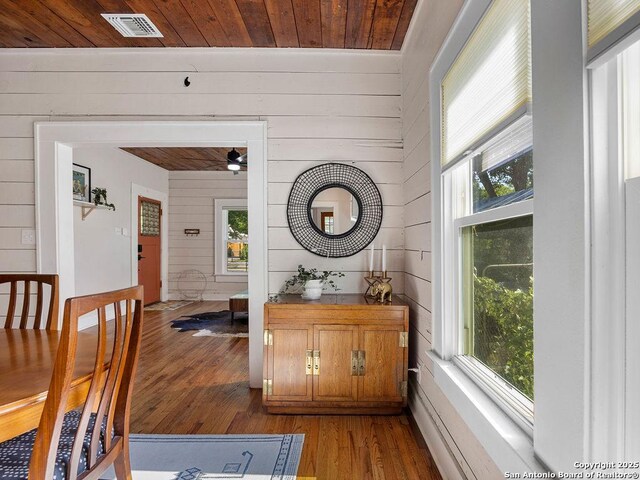 211 W High Ave, San Antonio, TX 78210 - dining area with wooden walls, wood finished floors, wooden ceiling, and ceiling fan