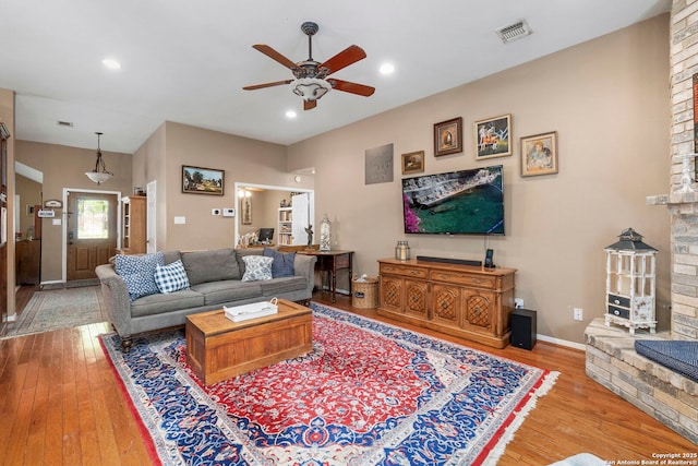 8826 Lost Bnd, San Antonio, TX 78240 - living room with a ceiling fan, hardwood / wood-style flooring, recessed lighting, and baseboards