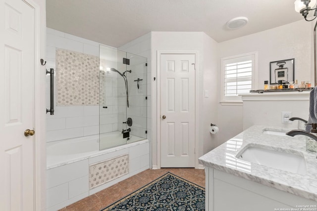 8826 Lost Bnd, San Antonio, TX 78240 - full bathroom featuring tiled shower / bath combo, double vanity, and tile patterned flooring