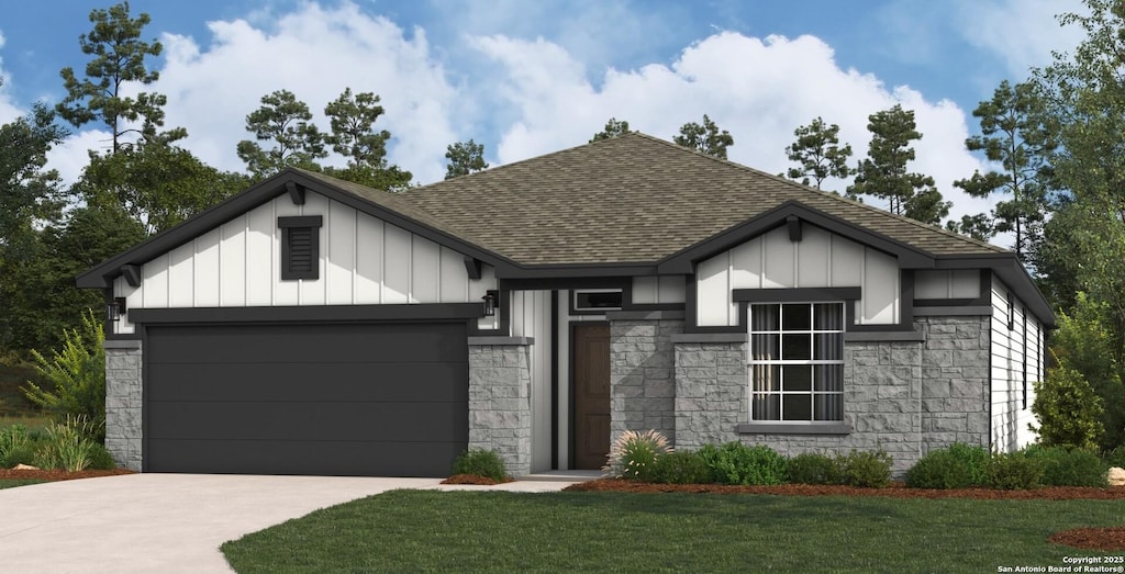 1719 La Grande Jatte, San Antonio, TX 78253 - view of front facade featuring stone siding, roof with shingles, concrete driveway, and board and batten siding