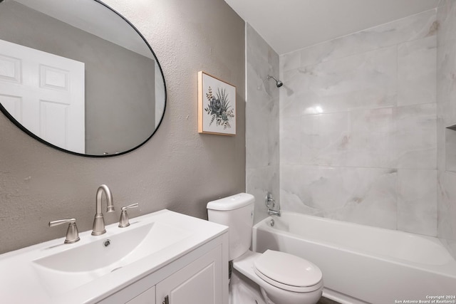 9723 Five Forks St, San Antonio, TX 78245 - bathroom featuring toilet, a textured wall, shower / washtub combination, and vanity