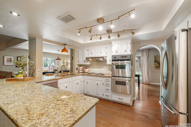308 Sagecrest, Hollywood Park, TX 78232 - kitchen with stainless steel appliances, a raised ceiling, a sink, a peninsula, and under cabinet range hood
