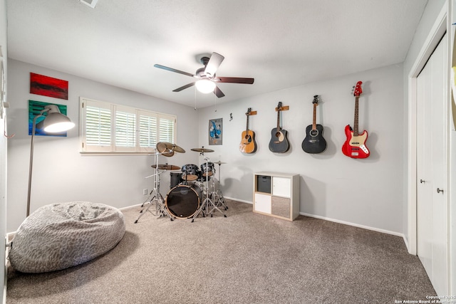 308 Sagecrest, Hollywood Park, TX 78232 - recreation room featuring carpet, a ceiling fan, and baseboards