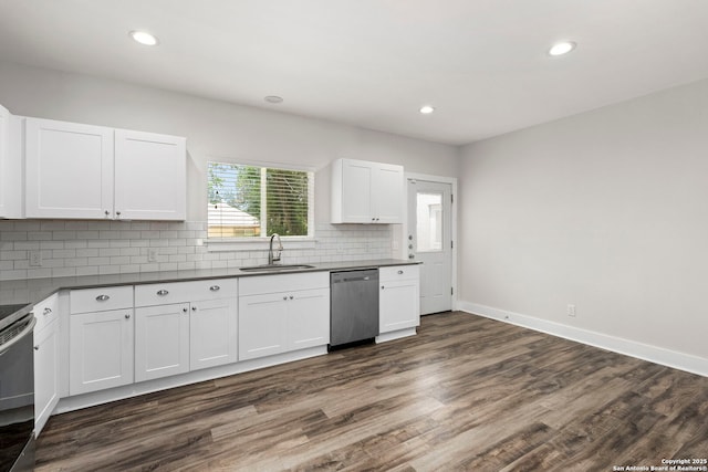 129 Odell, San Antonio, TX 78212 - kitchen with appliances with stainless steel finishes, a sink, dark countertops, tasteful backsplash, and white cabinets