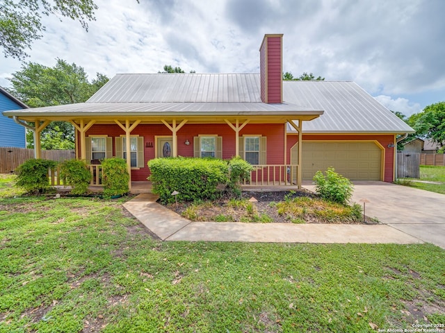 1614 Sunnybrook, New Braunfels, TX 78130 - view of front facade featuring covered porch, an attached garage, a chimney, and concrete driveway