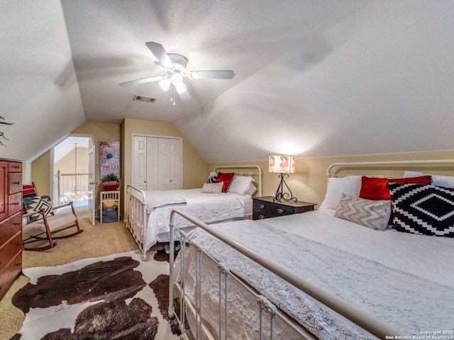 1614 Sunnybrook, New Braunfels, TX 78130 - bedroom featuring carpet flooring, lofted ceiling, a ceiling fan, and a closet