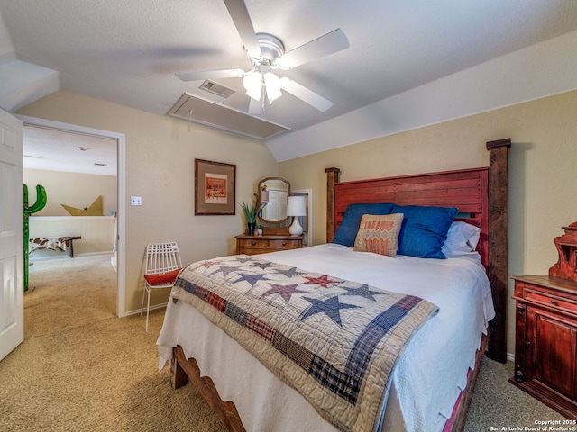 1614 Sunnybrook, New Braunfels, TX 78130 - bedroom featuring light colored carpet, attic access, ceiling fan, and vaulted ceiling
