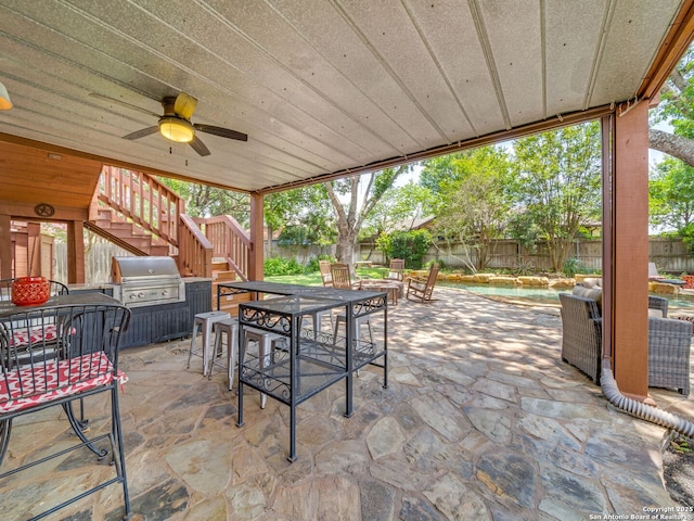 1614 Sunnybrook, New Braunfels, TX 78130 - fenced backyard with stairs, outdoor dining space, a patio, grilling area, and ceiling fan