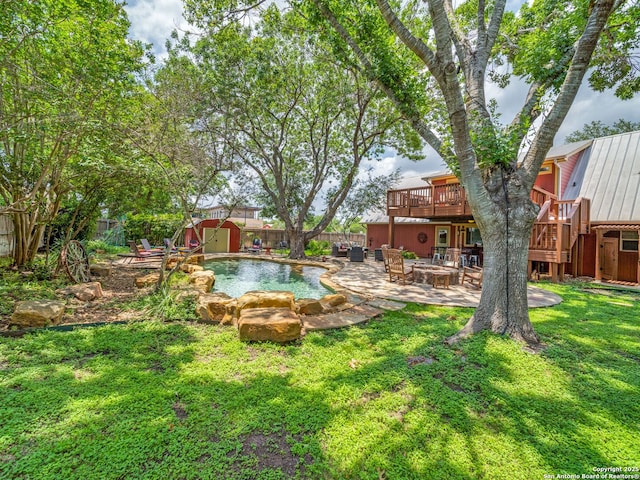 1614 Sunnybrook, New Braunfels, TX 78130 - view of yard featuring a fire pit, a wooden deck, a patio area, and stairway
