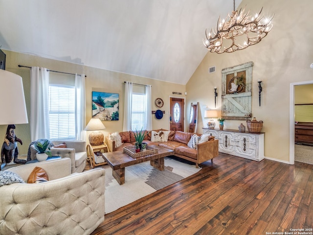 1614 Sunnybrook, New Braunfels, TX 78130 - living room with high vaulted ceiling, wood finished floors, healthy amount of natural light, a chandelier, and baseboards