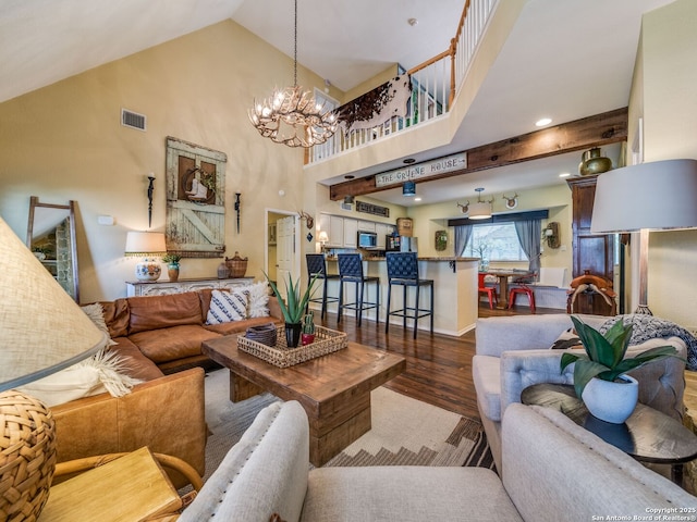 1614 Sunnybrook, New Braunfels, TX 78130 - living room with wood finished floors, a chandelier, and high vaulted ceiling