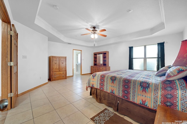 14053 Huber, Seguin, TX 78155 - bedroom with a raised ceiling, light tile patterned flooring, baseboards, ceiling fan, and crown molding