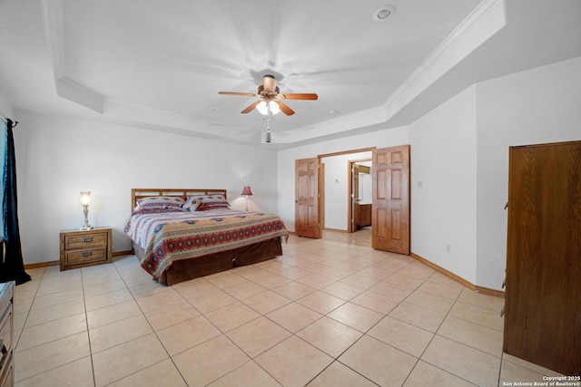14053 Huber, Seguin, TX 78155 - bedroom with a tray ceiling, light tile patterned flooring, baseboards, ceiling fan, and ornamental molding