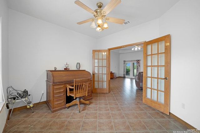 14053 Huber, Seguin, TX 78155 - tiled home office with french doors, a ceiling fan, and baseboards