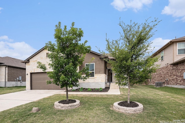 2196 New Castle, New Braunfels, TX 78130 - obstructed view of property with stone siding, concrete driveway, central AC unit, a front yard, and a garage