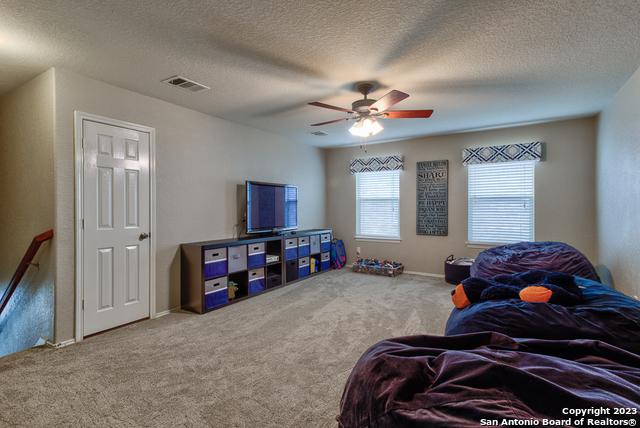 331 Primrose, New Braunfels, TX 78132 - living room featuring carpet flooring, a ceiling fan, a textured ceiling, and baseboards