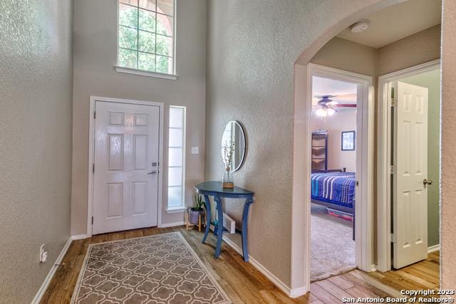 331 Primrose, New Braunfels, TX 78132 - foyer featuring arched walkways, a textured wall, wood finished floors, ceiling fan, and baseboards