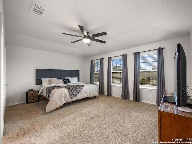 22146 Pivot Pt, San Antonio, TX 78261 - carpeted bedroom with baseboards, vaulted ceiling, and a ceiling fan