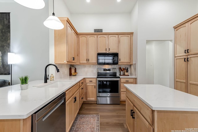 13755 Cedar Cyn, San Antonio, TX 78231 - kitchen with appliances with stainless steel finishes, light brown cabinetry, a sink, a peninsula, and dark wood finished floors