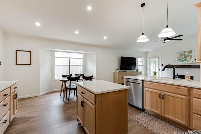 13755 Cedar Cyn, San Antonio, TX 78231 - kitchen with stainless steel dishwasher, a sink, dark wood finished floors, a ceiling fan, and light countertops
